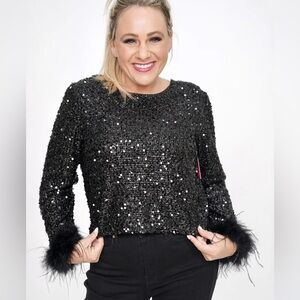 Buddy love black sequin long sleeve top with feathers